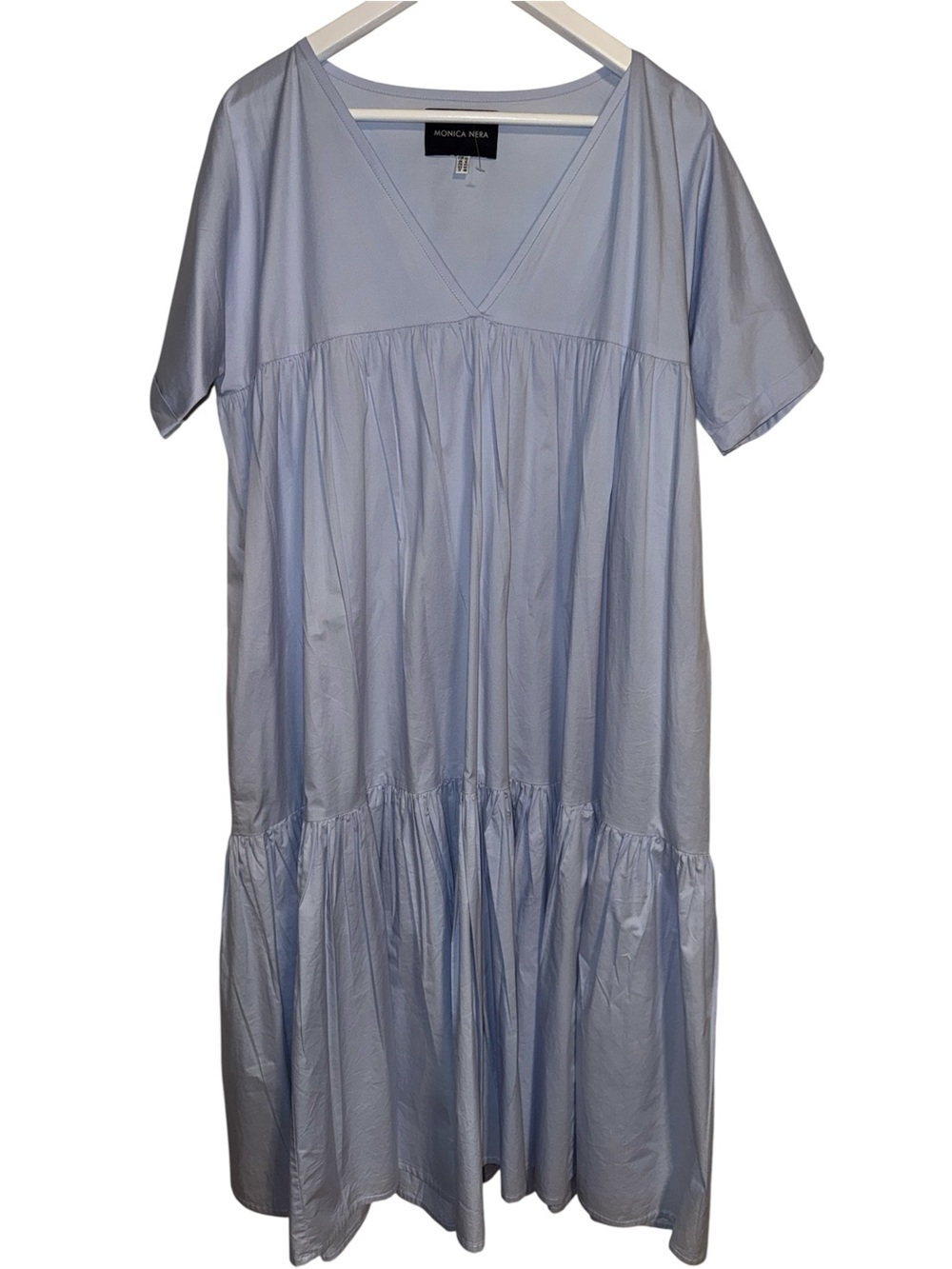MONICA NERA Flowy Poplin Tiered dress in Light Blue. Size 12.